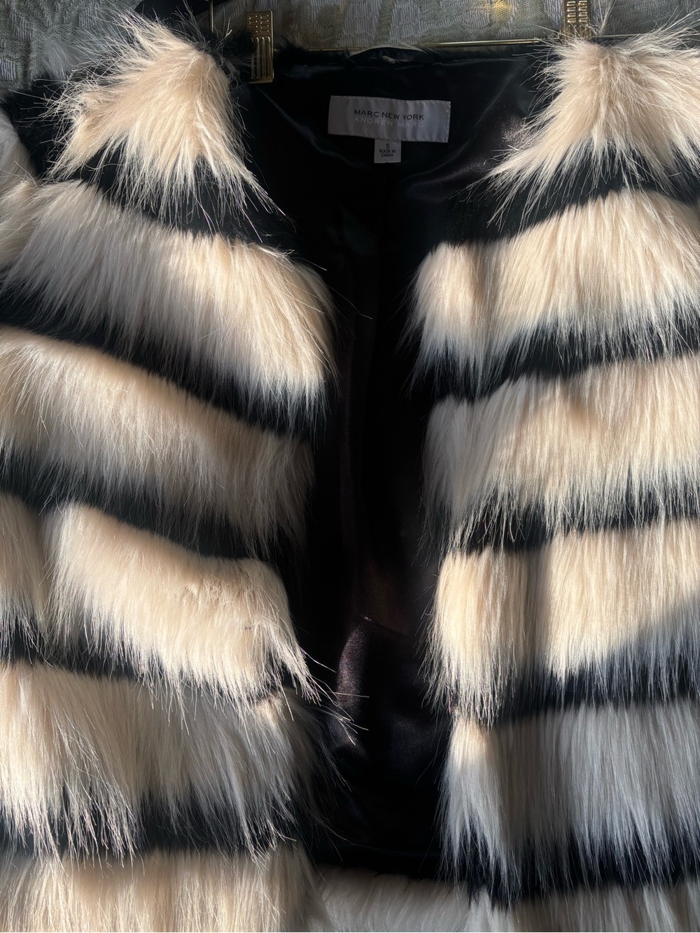 Marc New York Cream and Black Striped Faux Fur Jacket